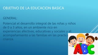OBJETIVO DE LA EDUCACION BASICA
GENERAL:
Potencial el desarrollo integral de las niñas y niños
de 0 a 3 años, en un ambien...