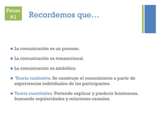 +
Recordemos que…
 La comunicación es un proceso.
 La comunicación es transaccional.
 La comunicación es simbólica
 Teoría cualitativa: Se construye el conocimiento a partir de
experiencias individuales de los participantes.
 Teoría cuantitativa: Pretende explicar y predecir fenómenos,
buscando regularidades y relaciones causales.
Pausa
#1
 