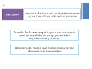 +
Proceso y el sitio en que los significados, roles,
reglas y los valores culturales se elaboran
Interacción
Entender las formas en que las personas en conjunto
crean las realidades de sus grupos sociales,
organizaciones y culturas.
Gran parte del mundo pasa desapercibido porque
literalmente no es reseñable.
 