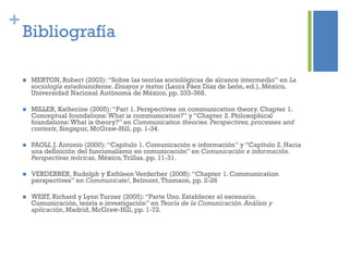 +
Bibliografía
 MERTON, Robert (2003): “Sobre las teorías sociológicas de alcance intermedio” en La
sociología estadounidense. Ensayos y textos (Laura Páez Díaz de León, ed.), México,
Universidad Nacional Autónoma de México, pp. 333-368.
 MILLER, Katherine (2005): “Part 1. Perspectives on communication theory. Chapter 1.
Conceptual foundations:What is communication?” y “Chapter 2. Philosophical
foundations:What is theory?” en Communication theories. Perspectives, processes and
contexts, Singapur, McGraw-Hill, pp. 1-34.
 PAOLI, J. Antonio (2000): “Capítulo 1. Comunicación e información” y “Capítulo 2. Hacia
una definición del funcionalismo en comunicación” en Comunicación e información.
Perspectivas teóricas, México, Trillas, pp. 11-31.
 VERDERBER, Rudolph y Kathleen Verderber (2008):“Chapter 1. Communication
perspectives” en Communicate!, Belmont, Thomson, pp. 2-26
 WEST, Richard y Lynn Turner (2005):“Parte Uno. Establecer el escenario.
Comunicación, teoría e investigación” en Teoría de la Comunicación.Análisis y
aplicación, Madrid, McGraw-Hill, pp. 1-72.
 