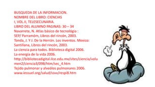 BUSQUEDA DE LA INFORMACION.
NOMBRE DEL LIBRO: CIENCIAS
I, VOL.II, TELESECUNARIA.
LIBRO DEL ALUMNO PAGINAS: 30 – 34
Navarrete, N. Atlas básico de tecnológia :
SEP/ Parramóm, Libros del rincón, 2003.
Tonda, J. Y J. De la Herrán. Los inventos. Mexico:
Santillana, Libros del rincón, 2003.
La ciencia para todos. Biblioteca digital 2006.
La energía de la vida 2006.
http://bibliotecadigital.ilce.edu.mx/sites/ciencia/volu
men2/ciencia3/098/htm/sec_4.htm
Tejido pulmonar y alveólos pulmonares 2006.
www.iessuel.org/salud/ssvv/respi8.htm

 