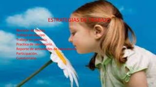 ESTRATEGIAS DE TRABAJO
Revisión de textos.
Trabajo en equipo.
Trabajo en plenaria.
Practica de laboratorio.
Reporte de actividades de laboratorio.
Participación.
Cuestionario.

 