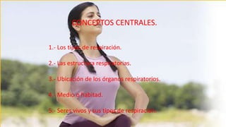 CONCEPTOS CENTRALES.
1.- Los tipos de respiración.
2.- Las estructura respiratorias.

3.- Ubicación de los órganos respiratorios.
4.- Medio o habitad.

5.- Seres vivos y sus tipos de respiración.

 