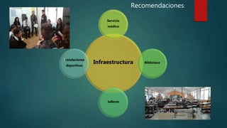 Infraestructura
Servicio
médico
Biblioteca
talleres
Instalaciones
deportivas
Recomendaciones:
 