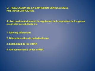  REGULACIÓN DE LA EXPRESIÓN GÉNICA A NIVEL
POSTRANSCRIPCIONAL
A nivel postranscripcional, la regulación de la expresión de los genes
eucariotas se subdivide en:
1. Splicing diferencial
2. Diferentes sitios de poliadenilación
3. Estabilidad de los mRNA
4. Almacenamiento de los mRNA
 