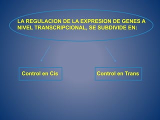 LA REGULACION DE LA EXPRESION DE GENES A
NIVEL TRANSCRIPCIONAL, SE SUBDIVIDE EN:
Control en Cis Control en Trans
 