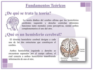 La teoría diádica del cerebro afirma que los hemisferios
cerebrales izquierdo y derecho controlan diferentes
funciones tanto mentales como perceptivas, siendo ambos
complementarios el uno del otro.
El término hemisferio cerebral designa a cada
una de las dos estructuras que constituyen el
cerebro.
Ambos hemisferios izquierdo y derecho se
encuentran separados por el cuerpo calloso, el
cual conecta a ambos hemisferios transfiriendo
información de uno al otro.
 