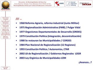 /// ...
• 1968 Reforma Agraria, reforma industrial (Junta Militar)
• 1975 Regionalización Administrativa (FMB) / Pulgar Vidal
• 1977 Organismos Departamentales de Desarrollo (ORDES)
• 1979 Constitución Política (Integración, descentralización)
• 1980 Se restauran las Municipalidades / CORDES
• 1984 Plan Nacional de Regionalización (12 Regiones)
• 1993 Constitución Política / Autonomías, CTAR
• 2002 LB de Regionalización / Gobiernos Regionales LOGR
• 2003 Ley Orgánica de Municipalidades LOM
¿Avances…?
 