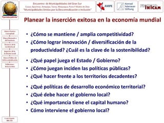 Planear la inserción exitosa en la economía mundial
• ¿Cómo se mantiene / amplia competitividad?
• ¿Cómo lograr innovación / diversificación de la
productividad? ¿Cuál es la clave de la sostenibilidad?
• ¿Qué papel juega el Estado / Gobierno?
• ¿Cómo juegan inciden las políticas públicas?
• ¿Qué hacer frente a los territorios decadentes?
• ¿Qué políticas de desarrollo económico territorial?
• ¿Qué debe hacer el gobierno local?
• ¿Qué importancia tiene el capital humano?
• Cómo interviene el gobierno local?
 