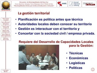 • Planificación es política antes que técnica
• Autoridades locales deben conocer su territorio
• Gestión es interactuar con el territorio y
• Concertar con la sociedad civil / empresa privada.
La gestión territorial
Requiere del Desarrollo de Capacidades Locales
para la Gestión:
• Técnicas
• Económicas
• Logísticas
• Políticas
 