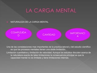  NATURALEZA DE LA CARGA MENTAL
Una de las constataciones mas importantes de la practica laboral y del estudio científico
es que los procesos mentales tienen una doble limitación.
Limitación cuantitativa y limitación de velocidad. Aunque los estudios discuten acerca de
la naturaleza exacta de tales limitaciones la consecuencia principal es que la
capacidad mental no es limitada y tiene limitaciones internas.
COMPLEJIDA
D CANTIDAD
IMPORTANCI
A
 