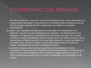  En este resumen se ve que los 5 capítulos estudiados tienen mucha influencia en el
trabajo laboral que realiza cierta persona en una determinada empresa ya que los
mismos ayudan a que el individuo pueda tener una mejora en su trabajo
desempeñado.
El criterio mas importante de este resumen suele estar en la importancia de la
detención del error en que muchas personas trabajan o se desenvuelven en la
empresa si es riguroso o no aceptado si es defectuosos por que el error puede
entrañar un riesgo considerable como en la fabricación de ciertos productos con la
secuencia de la fatiga la posición en la que esta trabajando el medio ambiente y la
humedad serian las que no hacen un buen desenvolvimiento en la fuente de
trabajo, inevitablemente se había rechazado la misma
La decisión no figura como elemento especifico en el procesamiento de la
información, la carga mental no depende de la exclusividad de la complejidad de la
tarea si no que esta afectada por otros factores, la carga mental es mayor en la
toma de decisiones cuando hay un nivel de incertidumbre en el resultado de las
mismas
 