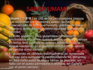 SABOR UMAMI Umami  ( うま味 ) es uno de los cinco sabores básicos que reconocen los receptores salado, se han especializado de la lengua humana, además de dulce, amargo y ácido. Es una palabra japonesa que significa  sabroso . El ácido glutámico o los glutamatos comúnmente encontrados en carnes, quesos, sopas, u otras proteínas en forma libre estimula receptores específicos en la lengua resultando en el gusto  umami . En china  umami  se conoce como  xianwei . El glutamato es utilizado históricamente en numerosas culturas para aumentar la palatabilidad de los alimentos: en Asia como salsa de soja y salsas de pescado, en Italia con el queso parmesano y anchoas, en España con el jamón serrano  