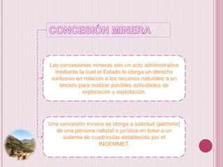 Las concesiones mineras son un acto administrativo
mediante la cual el Estado le otorga un derecho
exclusivo en relación a los recursos naturales a un
tercero para realizar posibles actividades de
exploración y explotación.
Una concesión minera se otorga a solicitud (petitorio)
de una persona natural o jurídica en base a un
sistema de cuadrículas establecido por el
INGEMMET.
 