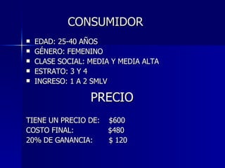 CONSUMIDOR EDAD: 25-40 AÑOS GÉNERO: FEMENINO CLASE SOCIAL: MEDIA Y MEDIA ALTA ESTRATO: 3 Y 4 INGRESO: 1 A 2 SMLV PRECIO TIENE UN PRECIO DE:  $600  COSTO FINAL:  $480  20% DE GANANCIA:  $ 120  