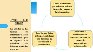 ¿PARA QUÉ
SIRVE?
La utilidad de las
fuentes de
información viene
determinada por
su respuesta a la
necesidad de
información de los
usuarios:
Como instrumento
para el conocimiento,
búsqueda y acceso a
la información.
Para estar al
corriente de los
nuevos avances en un
campo de
conocimiento
determinado.
Para buscar datos
útiles para satisfacer
una demanda de
información o
conocimiento.
 