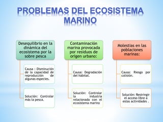 Desequilibrio en la
dinámica del
ecosistema por la
sobre pesca
Causa : Disminución
de la capacidad de
reproducción de
algunas especies.
Solución: Controlar
más la pesca.
Contaminación
marina provocada
por residuos de
origen urbano:
Causa: Degradación
del hábitat.
Solución: Controlar
la industria
relacionada con el
ecosistema marino
Molestias en las
poblaciones
marinas:
Causa: Riesgo por
colisión.
Solución: Restringir
el acceso libre a
estas actividades .
 