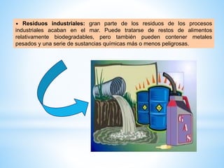 • Residuos industriales: gran parte de los residuos de los procesos
industriales acaban en el mar. Puede tratarse de restos de alimentos
relativamente biodegradables, pero también pueden contener metales
pesados y una serie de sustancias químicas más o menos peligrosas.
 
