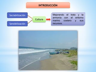 INTRODUCCIÓN
Sociabilización
Sensibilización
Cultura
Mejorando el trato y la
armonía con el entorno
marino costero y sus
recursos.
 