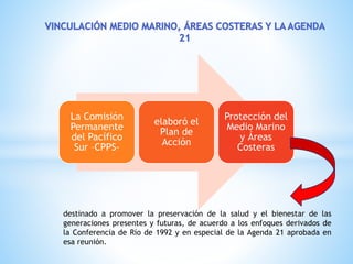 La Comisión
Permanente
del Pacífico
Sur –CPPS-
elaboró el
Plan de
Acción
Protección del
Medio Marino
y Áreas
Costeras
destinado a promover la preservación de la salud y el bienestar de las
generaciones presentes y futuras, de acuerdo a los enfoques derivados de
la Conferencia de Río de 1992 y en especial de la Agenda 21 aprobada en
esa reunión.
 