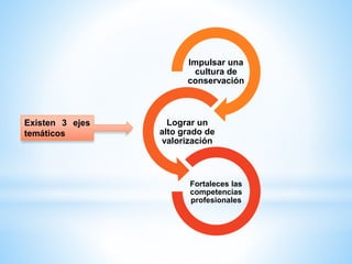 Existen 3 ejes
temáticos
Impulsar una
cultura de
conservación
Lograr un
alto grado de
valorización
Fortaleces las
competencias
profesionales
 