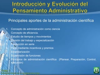 Principales aportes de la administración científica
1. Concepto de administración como ciencia
2. Concepto de eficiencia.
3. Estudio de tiempos y movimientos
4. División del trabajo y especialización
5. Producción en serie
6. Pago mediante incentivos y premios
7. Estandarización
8. Supervisión de funciones
9. Principios de administración científica (Planear, Preparación, Control,
ejecución)
 
