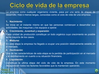La empresa como cualquier organismo viviente, pasa por una serie de etapas de
desarrollo, mas o menos largas, conocidas como el ciclo de vida de una empresa.
1. Nacimiento
Se inicia en el instante mismo en que las personas comienzan a desarrollar sus
actividades, las maquinas y los equipos a operar.
2. Crecimiento, Juventud y expansión
Cada unidad de producción constituye un todo orgánico cuyo crecimiento es posible
en la mayoría de los casos.
3. Madurez
En esta etapa la empresa ha llegado a ocupar una posición relativamente estable en
el mercado.
4. Declinación
Una de las características de esta etapa es la perdida de participación en el mercado
y el debilitamiento en cuanto a su situación financiera.
5. Liquidación
Constituye la ultima etapa del ciclo de vida de la empresa. En este momento
desaparecen todos los factores favorables que la mantenían operando.
 