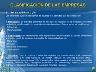 1. Por su actividad o giro:
Las empresas pueden clasificarse de acuerdo a la actividad que desarrollan en:
a. Industriales: La actividad primordial de este tipo de empresas es la producción de bienes
mediante la transformación y/o extracción de materias primas. Estas a su vez se clasifican en:
• Extractivas.
• Manufactureras.
b. Comerciales: Son intermediarios entre el productor y el consumidor, su función primordial es
la compra - venta de productos terminados. Se pueden clasificar en :
• Mayoristas.
• Menudeo.
• Minoristas o Detallistas.
• Comisionistas.
c. Servicios: Como su nombre lo indica son aquellos que brindan servicio a la comunidad y
pueden tener o no fines lucrativos. Se pueden clasificar en: Servicios públicos varios (
comunicaciones, energía, agua ); Servicios privados varios (servicios administrativos, contables,
jurídicos, asesoría, etc.); Transporte (colectivo o de mercancías); Turismo; Instituciones
financieras; Educación; Salubridad (Hospitales); Finanzas y seguros.
 