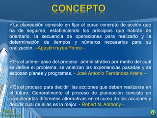 La planeación consiste en fijar el curso concreto de acción que
ha de seguirse, estableciendo los principios que habrán de
orientarlo, la secuencia de operaciones para realizarlo y la
determinación de tiempos y números necesarios para su
realización. - Agustín reyes Ponce -
Es el primer paso del proceso administrativo por medio del cual
se define el problema, se analizan las experiencias pasadas y se
esbozan planes y programas. - José Antonio Fernández Arena –
Es el proceso para decidir las acciones que deben realizarse en
el futuro. Generalmente el proceso de planeación consiste en
considerarlas diferentes alternativas en el curso de las acciones y
decidir cual de ellas es la mejor. - Robert N. Anthony -
 