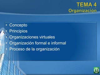 • Concepto
• Principios
• Organizaciones virtuales
• Organización formal e informal
• Proceso de la organización
 