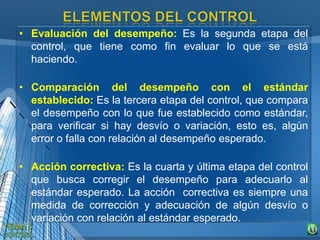 • Evaluación del desempeño: Es la segunda etapa del
control, que tiene como fin evaluar lo que se está
haciendo.
• Comparación del desempeño con el estándar
establecido: Es la tercera etapa del control, que compara
el desempeño con lo que fue establecido como estándar,
para verificar si hay desvío o variación, esto es, algún
error o falla con relación al desempeño esperado.
• Acción correctiva: Es la cuarta y última etapa del control
que busca corregir el desempeño para adecuarlo al
estándar esperado. La acción correctiva es siempre una
medida de corrección y adecuación de algún desvío o
variación con relación al estándar esperado.
 