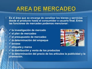 • Es el área que se encarga de canalizar los bienes y servicios
desde el producto hasta el consumidor o usuario final. Entre
las funciones de mercadeo podemos mencionar:
•  la investigación de mercado
•  el plan de mercadeo
•  el presupuesto de mercadeo
•  la determinación del empaque
•  envase
•  etiqueta y marca
•  la distribución y venta de los productos
•  la determinación del precio de los artículos la publicidad y la
promoción.
 