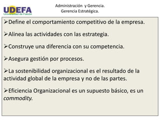 Administración y Gerencia.
Gerencia Estratégica.
Define el comportamiento competitivo de la empresa.
Alinea las actividades con las estrategia.
Construye una diferencia con su competencia.
Asegura gestión por procesos.
La sostenibilidad organizacional es el resultado de la
actividad global de la empresa y no de las partes.
Eficiencia Organizacional es un supuesto básico, es un
commodity.
 