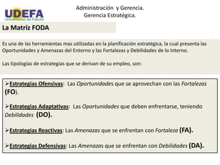 Administración y Gerencia.
Gerencia Estratégica.
La Matriz FODA
Es una de las herramientas mas utilizadas en la planificación estratégica, la cual presenta las
Oportunidades y Amenazas del Entorno y las Fortalezas y Debilidades de lo Interno.
Las tipologías de estrategias que se derivan de su empleo, son:
Estrategias Ofensivas: Las Oportunidades que se aprovechan con las Fortalezas
(FO).
Estrategias Adaptativas: Las Oportunidades que deben enfrentarse, teniendo
Debilidades (DO).
Estrategias Reactivas: Las Amenazas que se enfrentan con Fortaleza (FA).
Estrategias Defensivas: Las Amenazas que se enfrentan con Debilidades (DA).
 