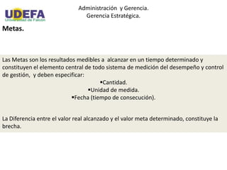 Administración y Gerencia.
Gerencia Estratégica.
Metas.
Las Metas son los resultados medibles a alcanzar en un tiempo determinado y
constituyen el elemento central de todo sistema de medición del desempeño y control
de gestión, y deben especificar:
Cantidad.
Unidad de medida.
Fecha (tiempo de consecución).
La Diferencia entre el valor real alcanzado y el valor meta determinado, constituye la
brecha.
 