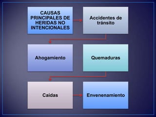 CAUSAS
PRINCIPALES DE    Accidentes de
  HERIDAS NO         tránsito
INTENCIONALES




 Ahogamiento      Quemaduras




    Caídas       Envenenamiento
 