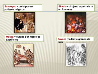 Sirkak = cirujano especialista 
en fracturas 
Sancoyoc = creía poseer 
poderes mágicos 
Macsa = curaba por medio de 
sacrificios Sayac= mediante granos de 
maíz 
 