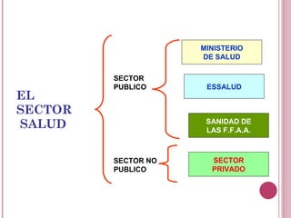 EL SECTOR  SALUD MINISTERIO DE SALUD ESSALUD SANIDAD DE LAS F.F.A.A . SECTOR PRIVADO SECTOR PUBLICO SECTOR NO PUBLICO 
