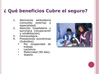 ¿ Qué beneficios Cubre el seguro? Atenciones ambulatoria (consultas externas o especialidad) Atención hospitalaria y quirúrgica (recuperación y rehabilitación) Farmacológica Prestaciones económicas (Subsidios) Por incapacidad de trabajo  Lactancia  Maternidad (90 días) Sepelio 