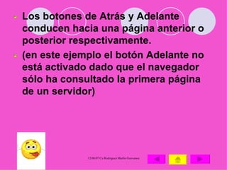 Los botones de Atrás y Adelante conducen hacia una página anterior o posterior respectivamente. (en este ejemplo el botón Adelante no está activado dado que el navegador sólo ha consultado la primera página de un servidor) 