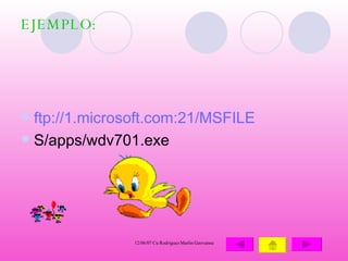 EJEMPLO: ftp://1.microsoft.com:21/MSFILE S/apps/wdv701.exe 