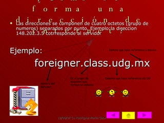 ¿Cómo se forma una dirección de internet? Las direcciones se componen de cuatro octetos (grupo de numeros) separados por punto. Ejemplo:la direccion 148.202.3.5 cotrresponde al servidor Ejemplo:   foreigner.class.udg.mx nombre del servidor Es el grupo de maquinas que forman un dominio Dominio que hace referencia ala UG Domino que hace referencia a mexico 