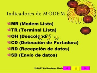 Indicadores de MODEM MR (Modem Listo) TR (Terminal Lista) OH (Descolgado) CD (Detección de Portadora) RD (Recepción de datos) SD (Envío de datos) 