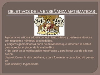 OBJETIVOS DE LA ENSEÑANZA MATEMATICAS

Ayudar a los niños a adquirir conocimiento básico y destrezas técnicas
con respecto a números, a cantidades,
y a figuras geométricas a partir de actividades que fomenten la actitud
para apreciar el placer de la matemática
Y del valor de la manipulación matemática y para hacer uso de ella con
buena
disposición en la vida cotidiana, y para fomentar la capacidad de pensar
en
profundidad y lógicamente.

 