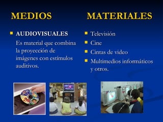 MEDIOS  MATERIALES AUDIOVISUALES Es material que combina la proyección de imágenes con estímulos auditivos. Televisión Cine Cintas de video Multimedios informáticos y otros.  