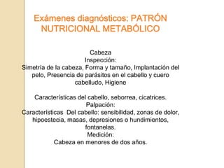 Exámenes diagnósticos: PATRÓN
NUTRICIONAL METABÓLICO
Cabeza
Inspección:
Simetría de la cabeza, Forma y tamaño, Implantación del
pelo, Presencia de parásitos en el cabello y cuero
cabelludo, Higiene
Características del cabello, seborrea, cicatrices.
Palpación:
Características Del cabello: sensibilidad, zonas de dolor,
hipoestecia, masas, depresiones o hundimientos,
fontanelas.
Medición:
Cabeza en menores de dos años.
 