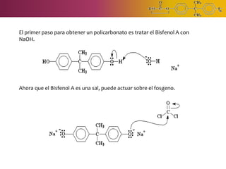 El primer paso para obtener un policarbonato es tratar el Bisfenol A con
NaOH.
Ahora que el Bisfenol A es una sal, puede actuar sobre el fosgeno.
 