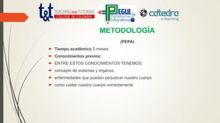 METODOLOGÍA
(PEPA)
 Tiempo académico 2 meses
 Conocimientos previos:
 ENTRE ESTOS CONOCIMIENTOS TENEMOS:
 concepto de sistemas y órganos.
 enfermedades que pueden perjudicar nuestro cuerpo
 como cuidar nuestro cuerpo correctamente
 