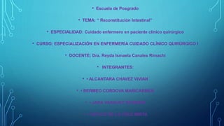 • Escuela de Posgrado
• TEMA: “ Reconstitución Intestinal”
• ESPECIALIDAD: Cuidado enfermero en paciente clínico quirúrgico
• CURSO: ESPECIALIZACIÓN EN ENFERMERÍA CUIDADO CLÍNICO QUIRÚRGICO I
• DOCENTE: Dra. Reyda Ismaela Canales Rimachi
• INTEGRANTES:
• • ALCANTARA CHAVEZ VIVIAN
• • BERMEO CORDOVA MARICARMEN
• • JARA VASQUEZ ROSMERI
• • YATACO DE LA CRUZ MIRTA
 