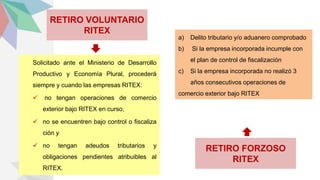 RETIRO VOLUNTARIO
RITEX
Solicitado ante el Ministerio de Desarrollo
Productivo y Economía Plural, procederá
siempre y cuando las empresas RITEX:
 no tengan operaciones de comercio
exterior bajo RITEX en curso,
 no se encuentren bajo control o fiscaliza
ción y
 no tengan adeudos tributarios y
obligaciones pendientes atribuibles al
RITEX.
RETIRO FORZOSO
RITEX
a) Delito tributario y/o aduanero comprobado
b) Si la empresa incorporada incumple con
el plan de control de fiscalización
c) Si la empresa incorporada no realizó 3
años consecutivos operaciones de
comercio exterior bajo RITEX
 
